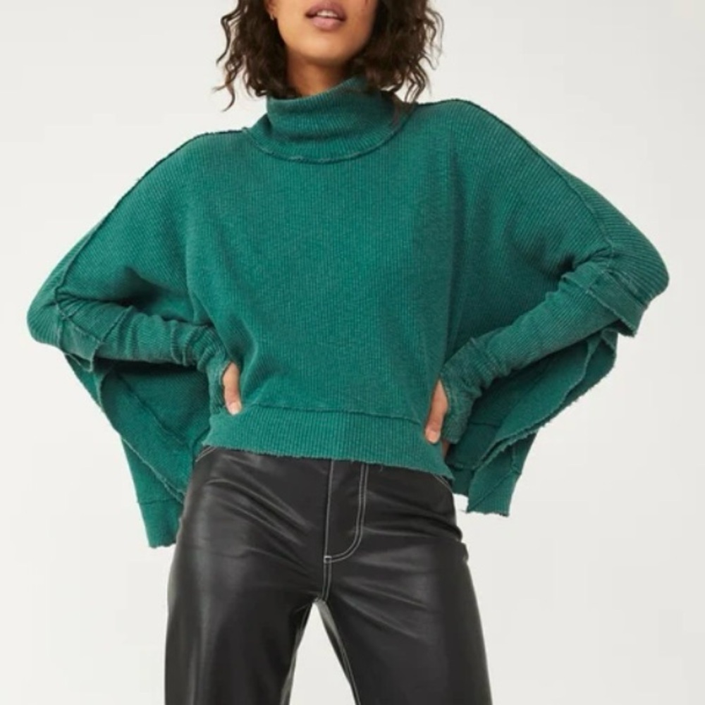 We The Free Moon Daisy Top Everglade Green Cowl Neck Sweater